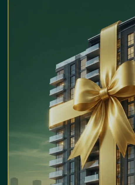 Illustration of a residential building wrapped with a golden bow